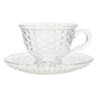 Set of 4 Vintage Style Glass Tea Coffee Cups & Saucers Clear Beaded Edge  Finish Afternoon Tea Glassware Set 
