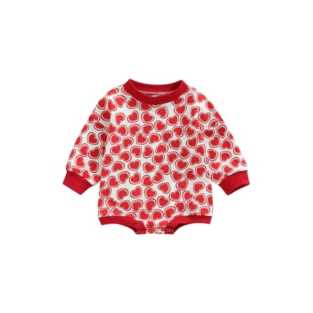 

Jkerther Baby Girl Valentines Days Romper Long Sleeve Heart Print Round Neck Casual Fall Spring Short Jumpsuit