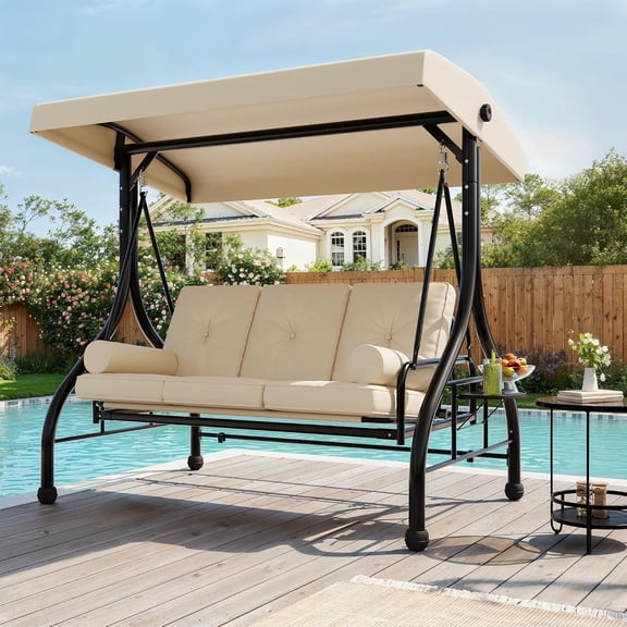 3-Seat Porch Swing with Stand Adjustable Canopy 800LBS Heavy Duty Patio Swing with Cup Holder Tray Reclines 180 for Garden