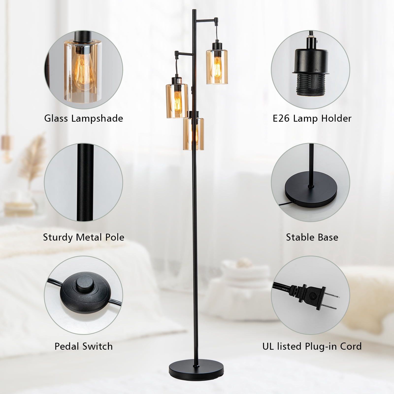 Giantex 3-Light Floor Lamp, Tall Floor Lamp w/Round Base, Rustic Standing Lamp