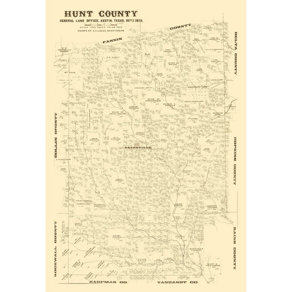 Historic County Map - Hunt County Texas - Lucas 1873 - Vintage Wall Art