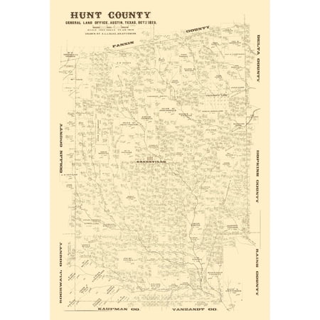 Historic County Map - Hunt County Texas - Lucas 1873 - Vintage Wall Art