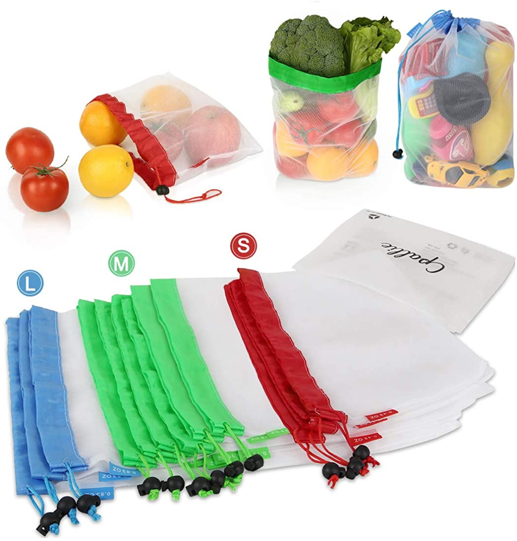 15pcs Eco Friendly Washable Bags for Grocery Shopping Storage Fruit Vegetable Toys Reusable Mesh Produce Bag with Drawstring Toggle 