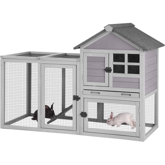 Aivituvin 52" Two-Story Outdoor Rabbit Hutch, Large Wooden Bunny Cage with Deeper Leak-Proof Pull-Out Tray, Weatherproof Guinea Pig House and Habitats, Gray