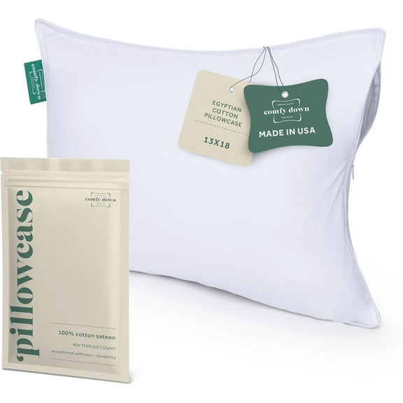 ComfyDown Pillowcase for Toddler & Travel Pillows, Breathable, 100% Cotton, 400-Thread Count, Zipper Closure - Made in USA - 13"x18"