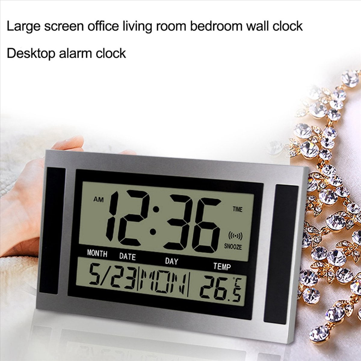 3X Digital Wall Clock LCD Large Number Time Temperature Calendar Alarm Table Desk Clock Modern Design Office Home Silver