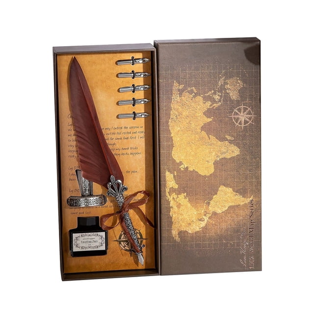 Set de caligrafía de pluma antigua con 5 plumillas y tinta de 15 ml - Pluma de pluma con purpurina dorada para escribir, dibujar, regalos de boda, decoración del hogar