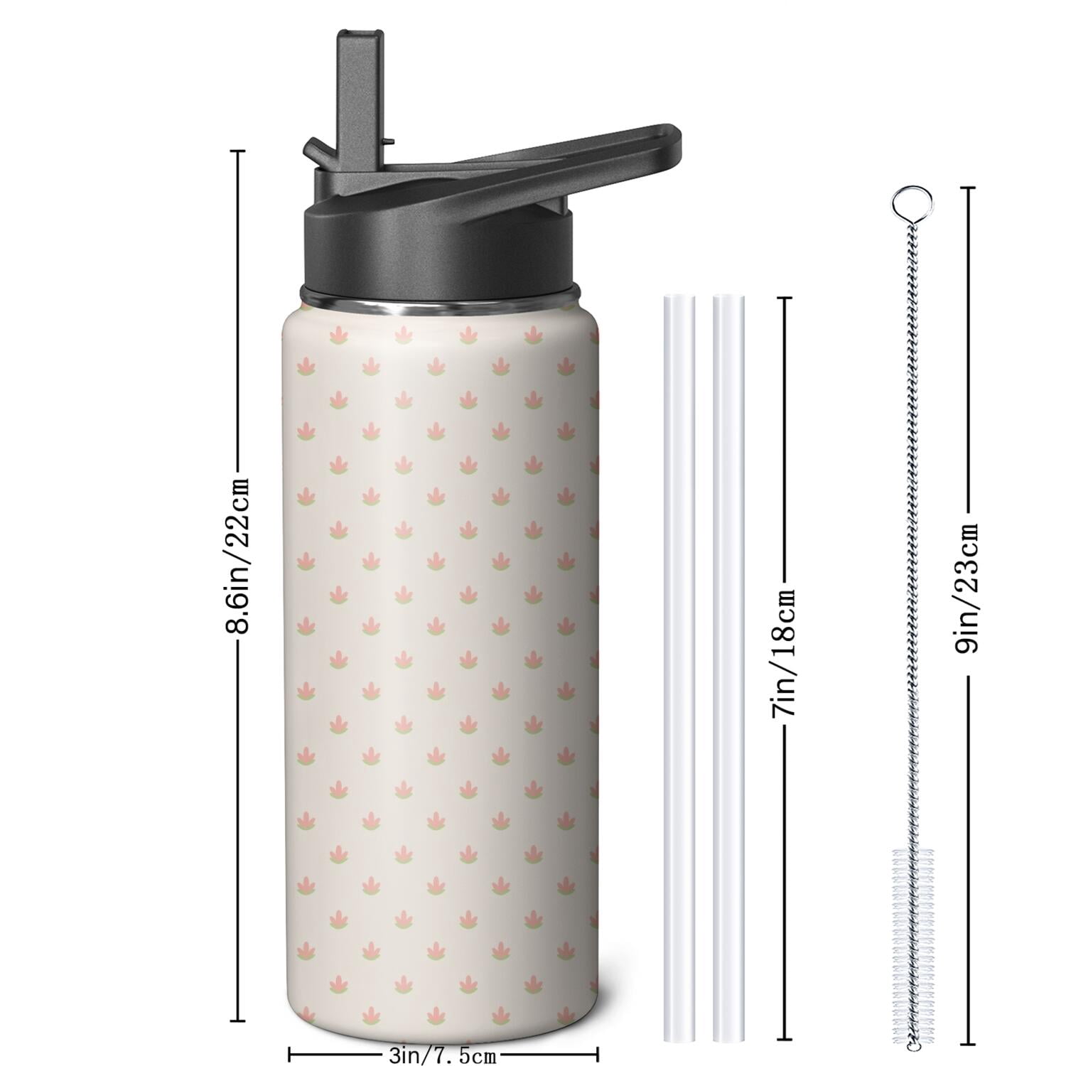 Modern 18 oz Insulated Stainless Steel Water Bottle with Straw & Cleaning Brush , Leakproof, BPA-Free, 304 Stainless Steel, Wide Mouth, Travel Mug for Car, Gym, Office