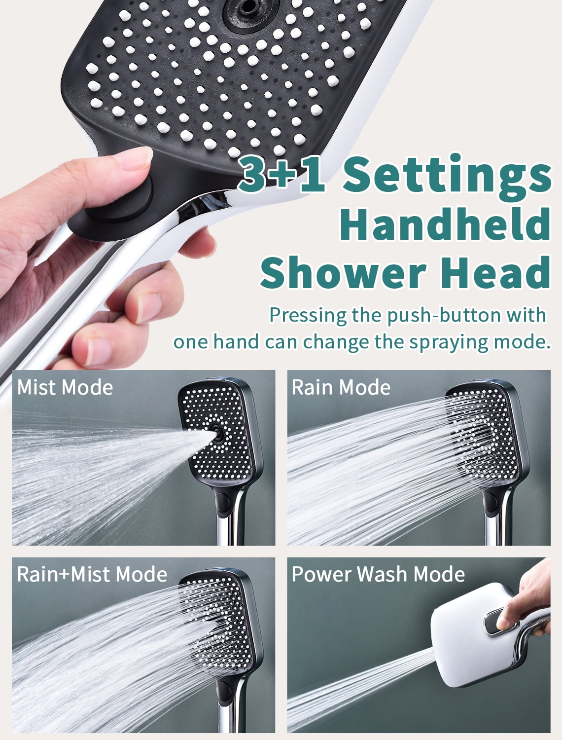 G-Promise 13 Inches Rain Shower Head with 4-Mode Wand Combo, 13 Inches Adjustable Extension Arm, 3-Way Diverter Valve and Extra Long Flexible Hose