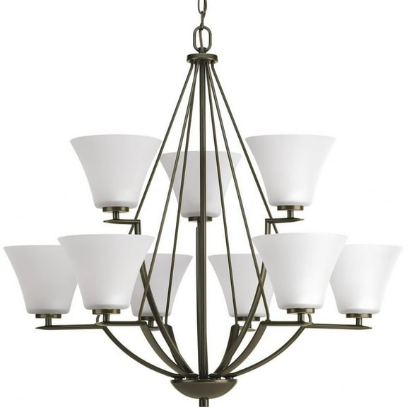Progress Lighting Bravo 9-Light Chandelier, Antique Bronze, White Etched Glass