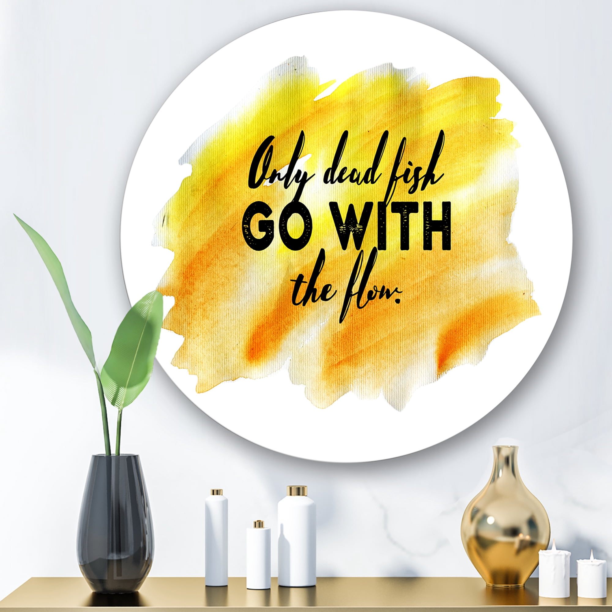 Designart 'Only Dead Fish Go With The Flow On Yellow Strokes' Modern Circle Metal Wall Art 11x11 - Disc of 11