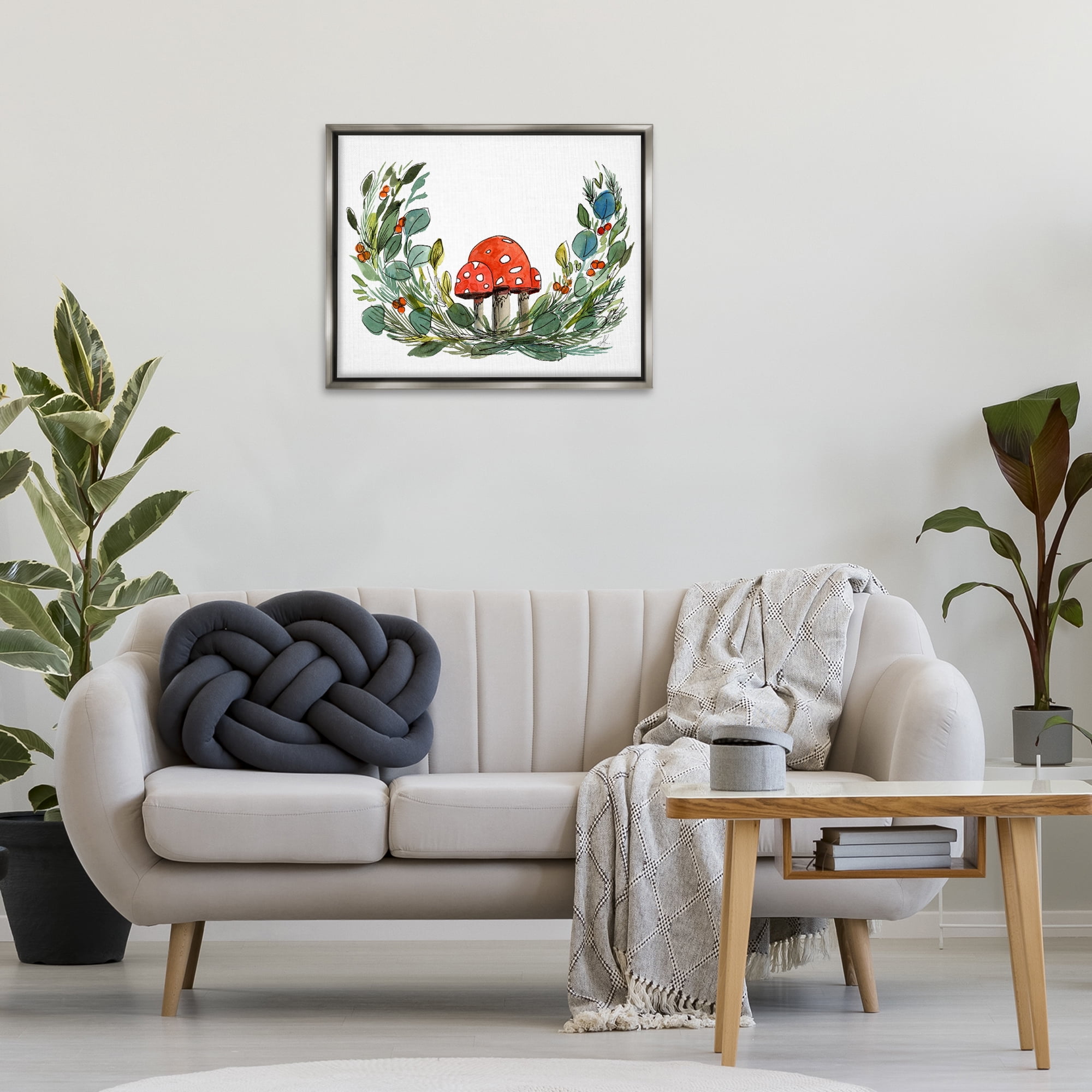 Stupell Industries Mushrooms & Greens Plants & Flowers Painting Gray Floater Framed Canvas Art Print Wall Art, 31 x 25