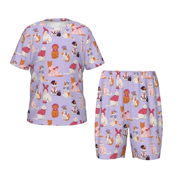 Fotbe Fashionable Cats Pijama Estampada de 2 Piezas para Niños – Ropa de Dormir de Manga Corta Cómoda para Niños y Niñas, Camiseta y Shorts de Algodón-4X-Large