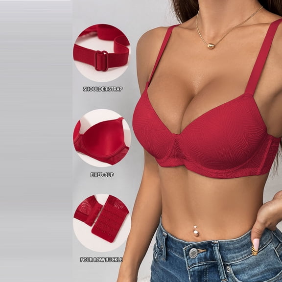 Yotami Womens Bras for Everyday Push Up Casual Support Bra for Work Solid Color Wireless Bra, 34C, Red