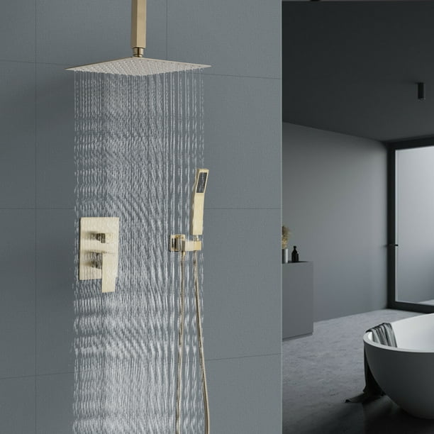 Ceiling Mounted Shower System Combo Set With 16 Inches Square Rain Head Handheld And Faucet Gold Com Ceiling Mounted Shower System Combo Set, Ceiling Mounted Shower Head System