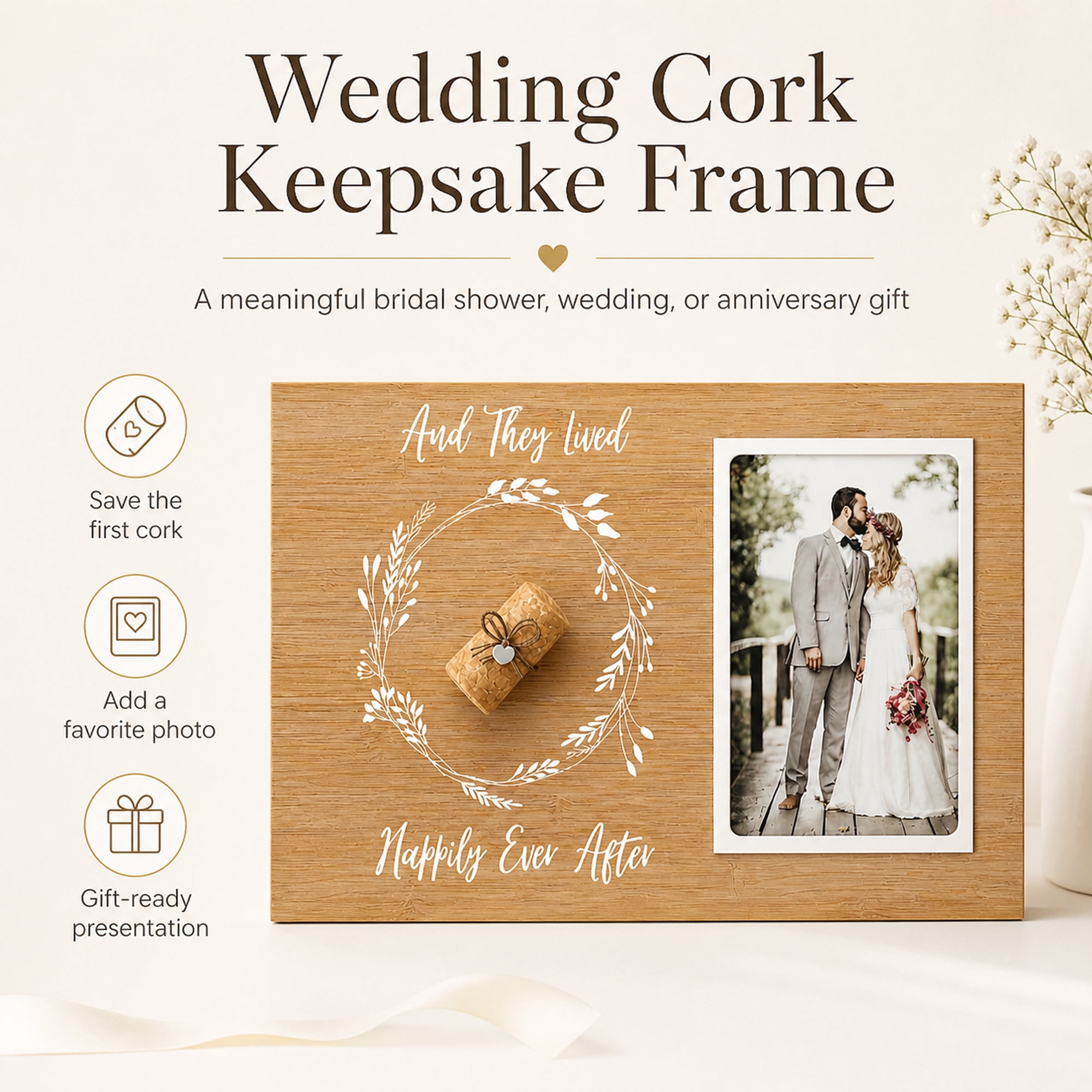 Wedding Cork Keepsake Frame, Bridal Shower Gift for Couple, Unique Newlywed Memory Frame with Gift Box, 7.5 x 12 in