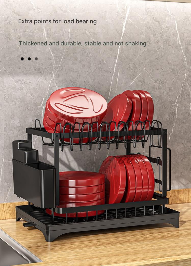 Dish Drying Rack - Stainless Steel Dish Rack for Kitchen Counter, 2-Tier Kitchen Organizers and Storage Rack with Drainboard and Cutlery Holder, Large, Black