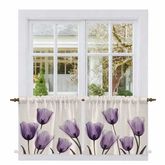 Purple Tulip Flower Tier Curtains, Aesthetics Farmhouse Floral Plant Light Filtering Kitchen Curtains, 2Pcs Rod Pocket Half Window Treatments Panels for Sink Cafe Cabinet Camper 27.5x24 Inches