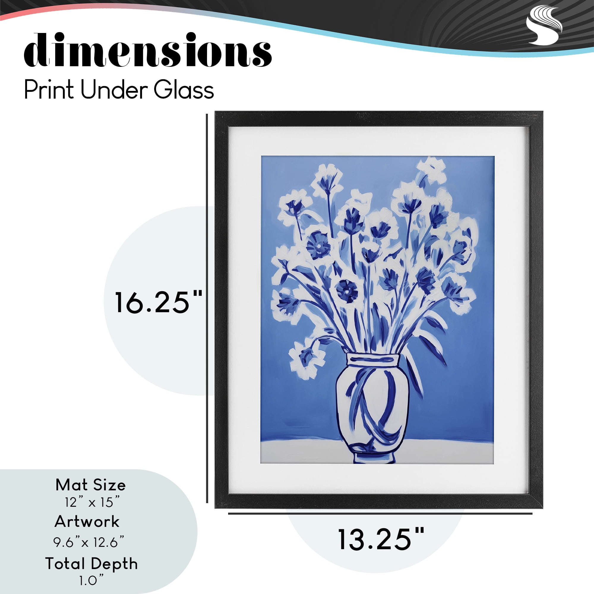 Blue & White Contrast Flowers Black Framed Print Under Glass, design by Lettered and Lined
