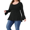 thumbnail image 4 of Blusa de túnica de mujer plus size Agnes Orinda con dobladillo alto-bajo, mangas largas de campana, cuello redondo, top casual acampanado 4X negro, 4 of 6