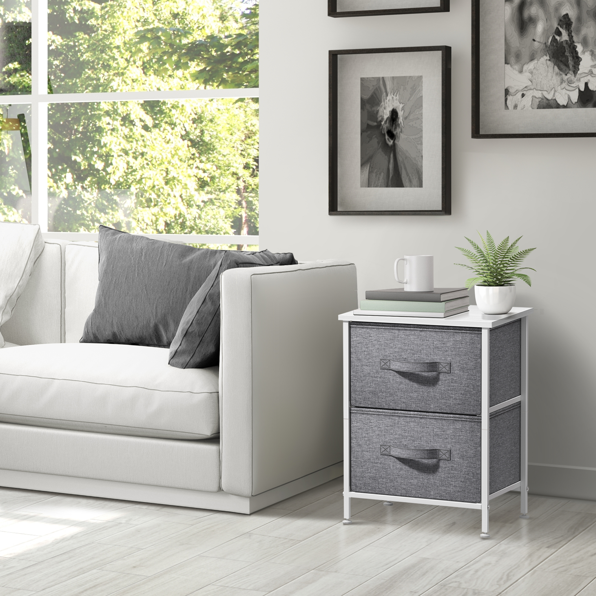 Sorbus Nightstand with 2 Drawers, Steel Frame, Wood Top, Fabric Bins, White/Gray