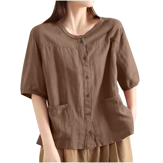 V Cuello Blusas para las Mujeres, de Moda Retro Bordado Cuello Redondo Cinco Cuartos de Manga para el Uso Casual