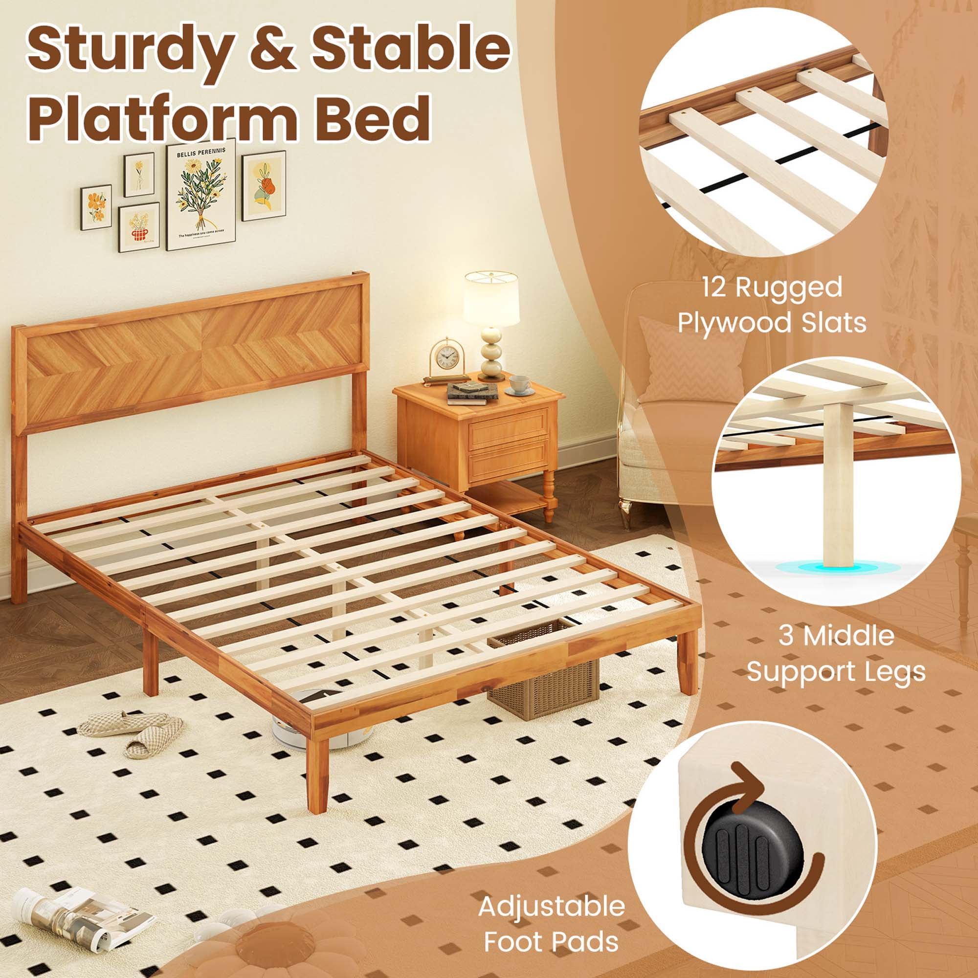 Gymax Queen Size Bed Frame w/Headboard Wooden Slats Support 9'' Under-bed Storage Space
