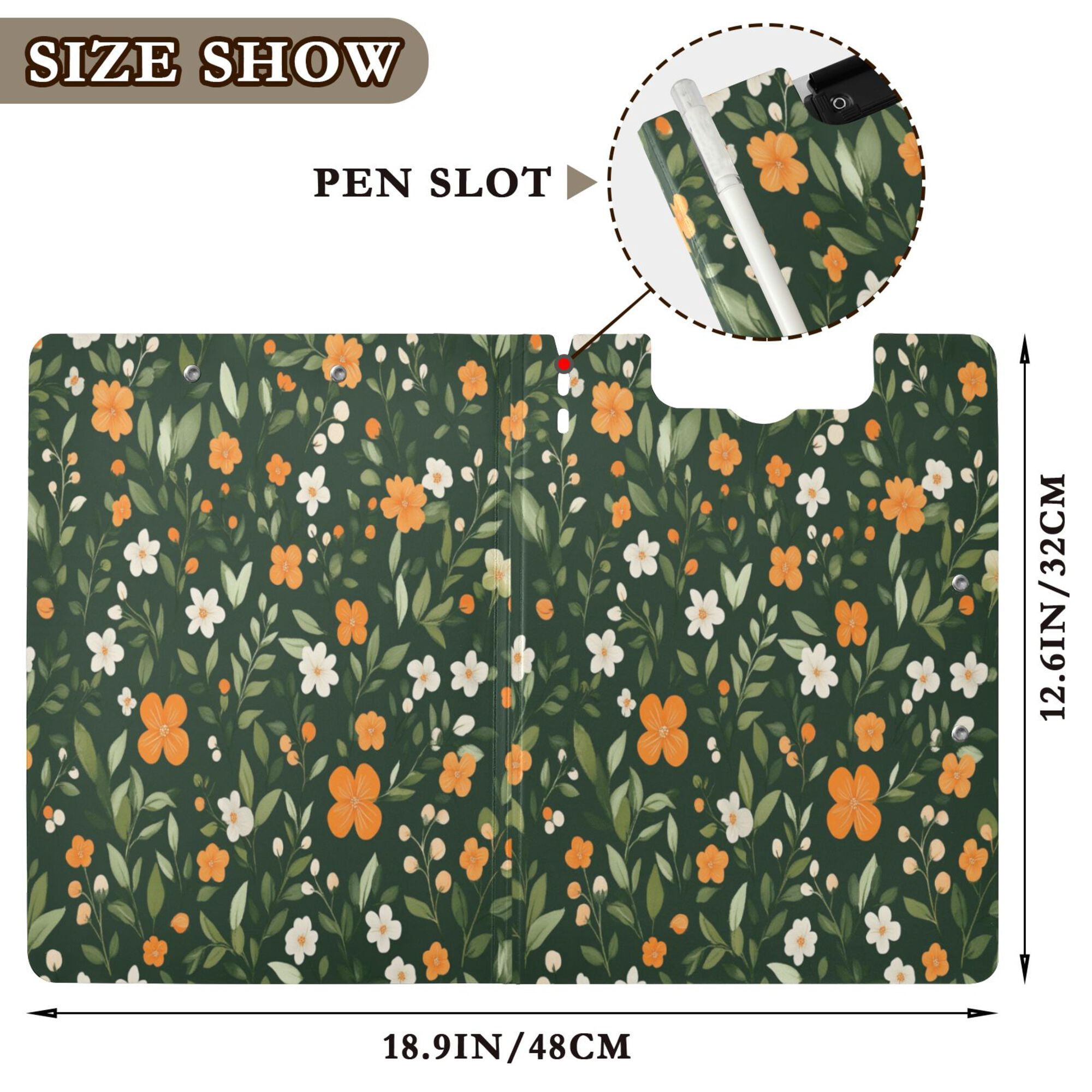 FORMRS A4 Clipboard Folder with Pen Holder Horizontal Foldable School Office Binder, Orange Flowers