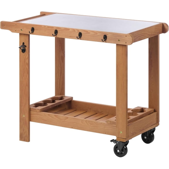 ZALIX Outdoor Wooden Grill Cart Table with Wheels, Metal Top and Storage, for Patio Backyard Garden