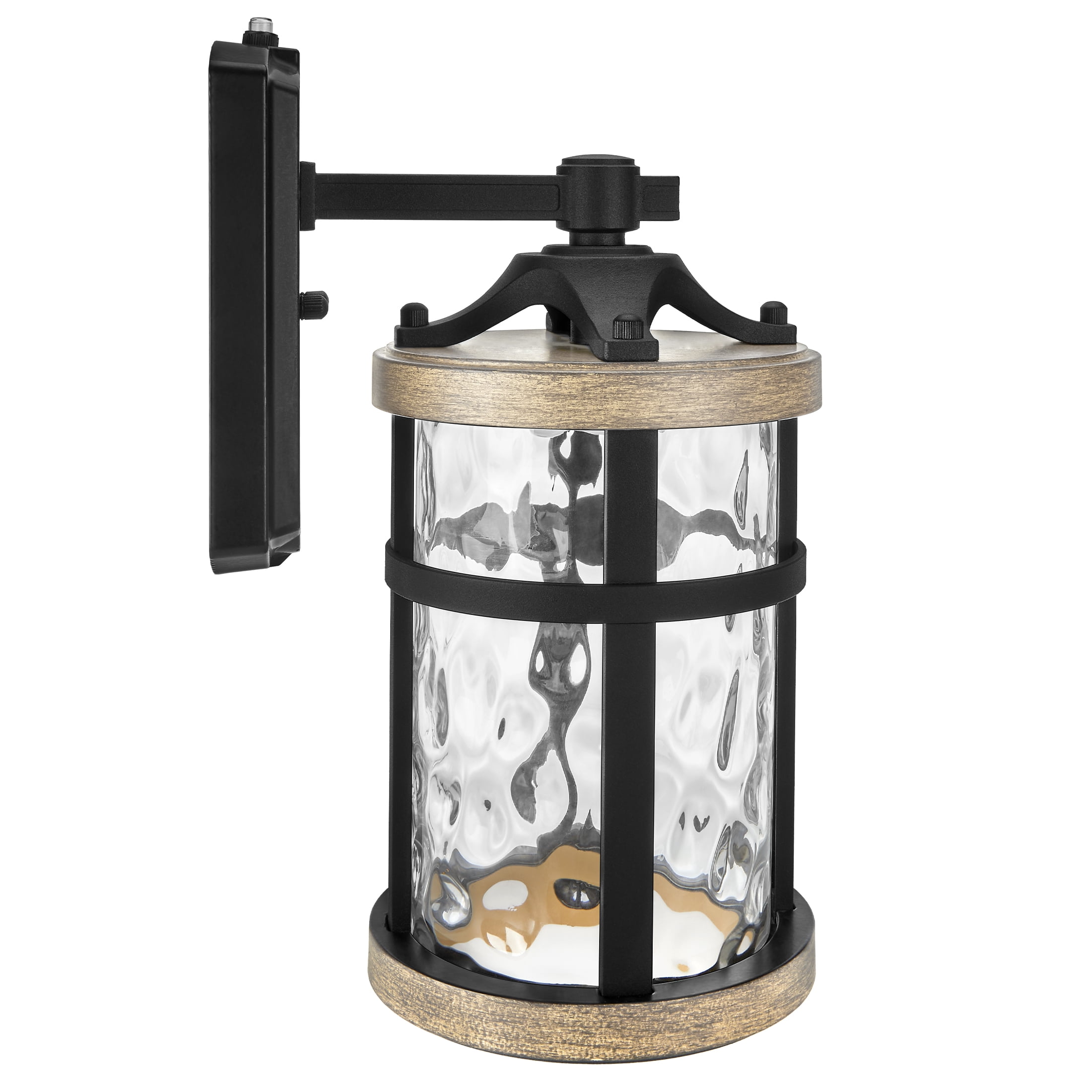 Maxxima LED Outdoor Wall Light, Black w/ Wood Grain Style Finish, Clear Hammered Glass, 800 Lumens, 3000K Warm White, Dusk to Dawn Sensor, Farmhouse Wall Mount Sconce, Rustic Coach Lantern