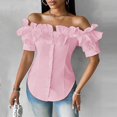 thumbnail image 2 of BYHONG Women Off Shoulder Layered Ruffles Button Down Asymmetrical Hem Top Women's Ruffle Trim Off Shoulder Short Sleeve Blouse Party Tops Shirt Pink L, 2 of 8