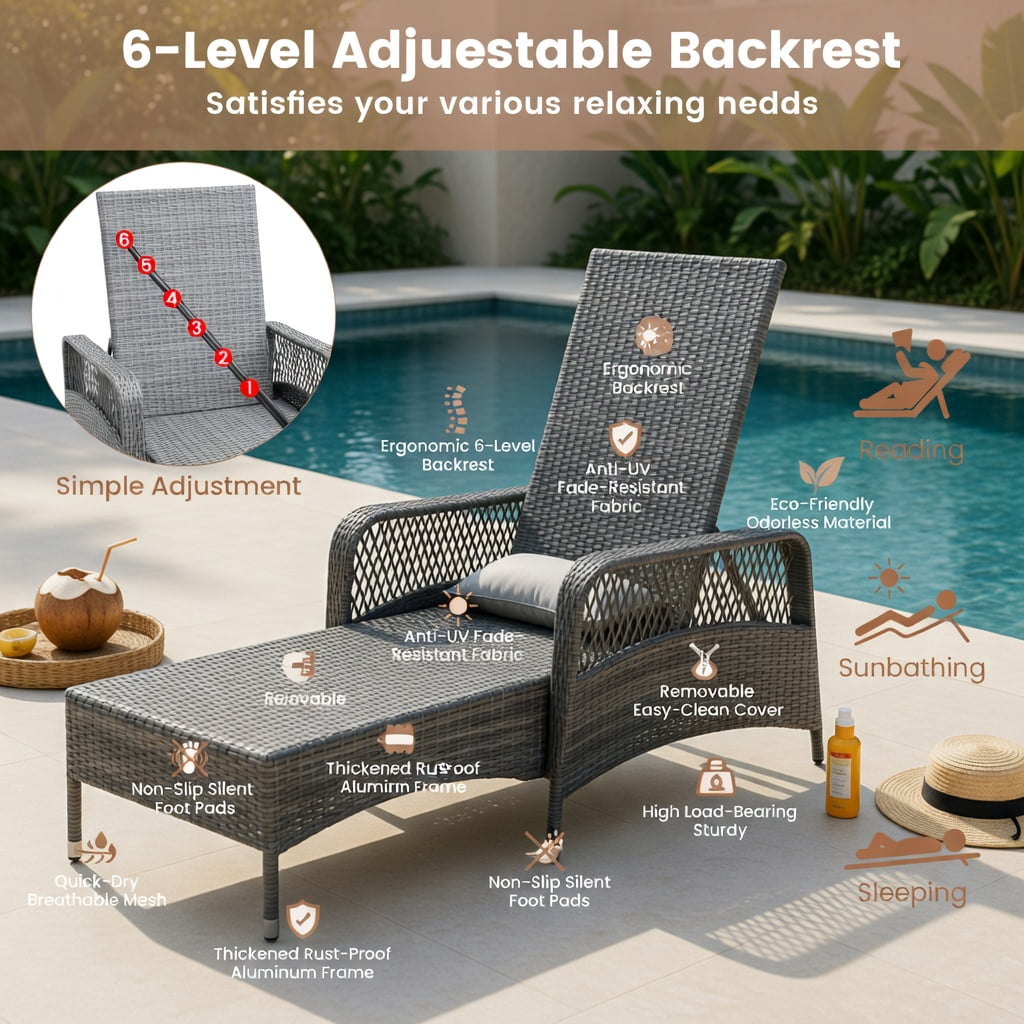 Hommoo Outdoor Chaise Lounge Chair with 6-Position Reclining Backrest, PE Rattan Patio Lounger, Includes Seat Cushion & Waist Pillow, Gray