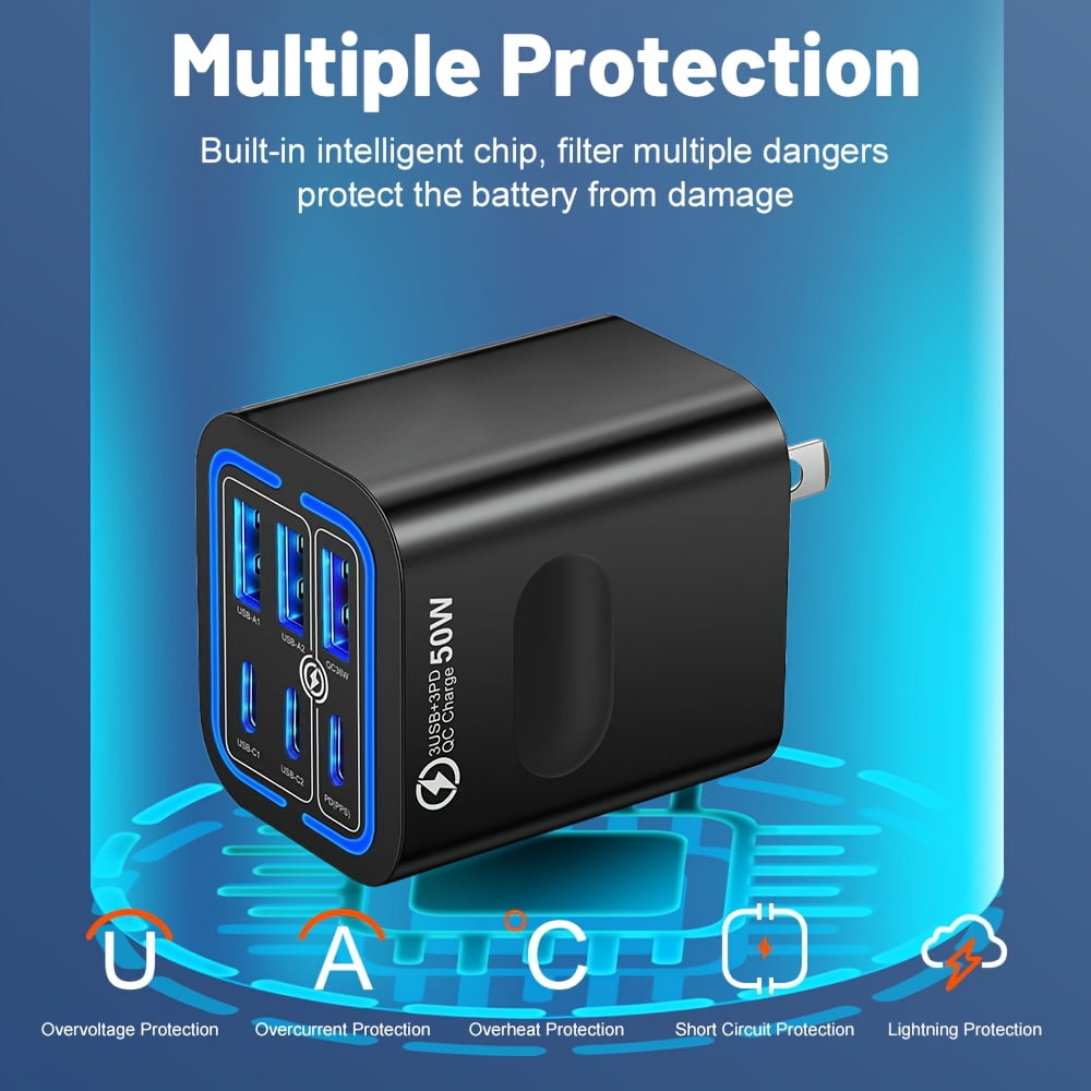 General 2pcs / 5pcs 50W 3 Type-C + 3 USB 6 Ports Mobile Phone Fast Charging Adapter USB Type C QC 3.0 Qiuck Charge Adapter Travel Charger Wall Charger for Iphone 16 Pro Max 15 14 13 12 for Samsung