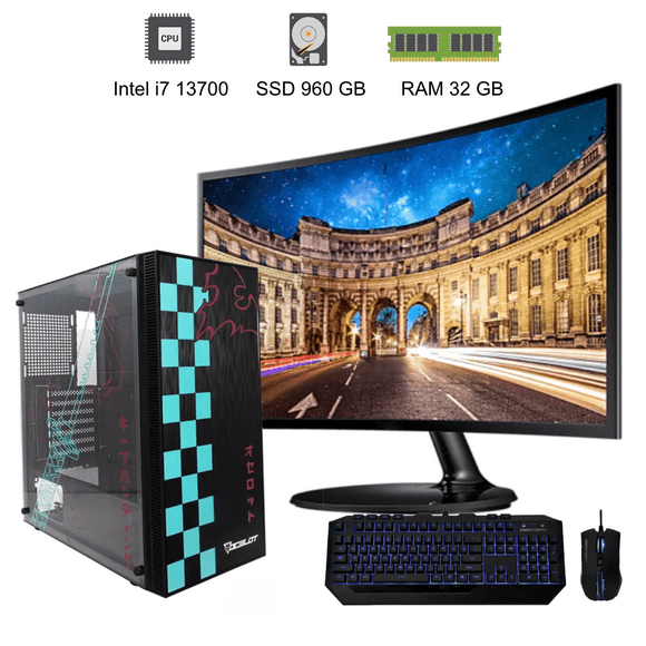 pc gamer cpu i7 13700 intel ram 32gb ssd 960gb 500w80 monitor curvo 24 kit de teclado y mouse