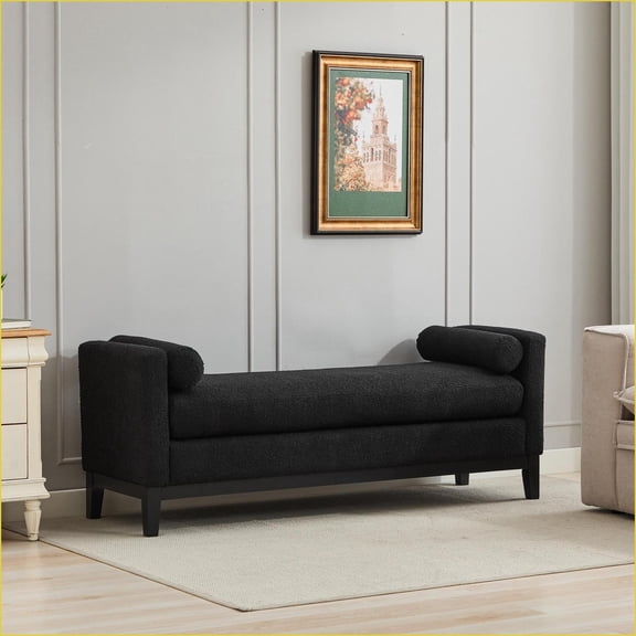Upholstered Bench 66.34"W Elegant Fluted Wood Legs with 2 Bolster Pillows for Bedroom, Living Room, Entryway | Black | Boucle