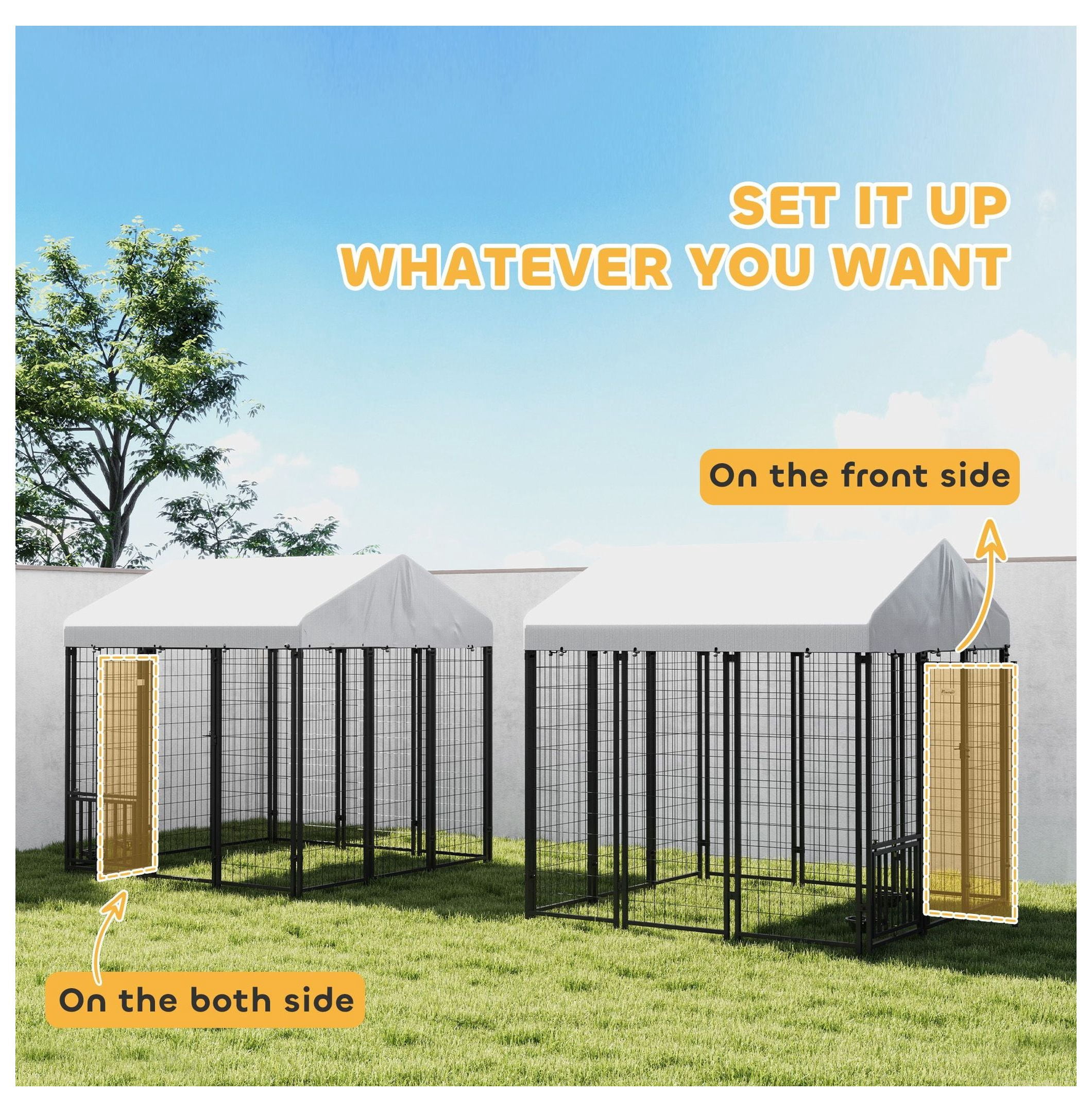 Outdoor Dog Kennel 5.9'x5.9'x6', Large Dog Run with Roof, Rotating Bowls & Adjustable Height Racks - Secure Pet Enclosure