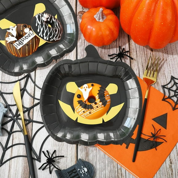 Platos de papel con forma de calabaza | Artículos para fiestas de Halloween | Paquete de 10 platos desechables para aperitivos, almuerzo y postre