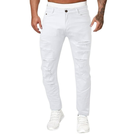 snowsong Mens Jeans Joggers For Men Men's Casual Sports White High Stretch Tight Wash Polished White Ripped Fit Zipper Jean Pants Mens Pants White L
