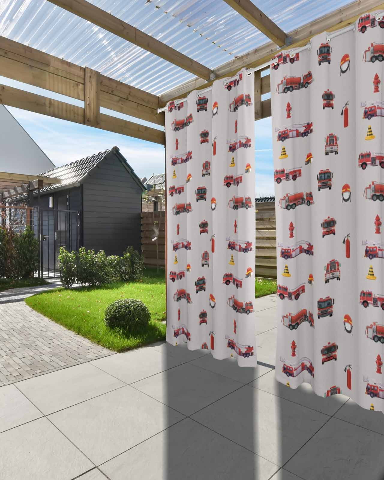 Cartoon Car Outdoor Curtains for Patio, Funny Red Black Fire Truck Print Vintage Privacy Drapes Grommet Waterproof Outside Curtains for Porch/Cabana/Balcony 54"x 108", 2 Panel