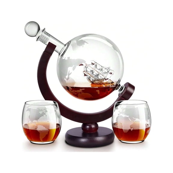 Whiskey Decanter Globe Set for Men with 2 Etched Globe Whisky Glasses, 850ml Glass Liquor Decanter for Bourbon, Scotch, Vodka, and Cocktails, Luxury Barware Gift Set for Him