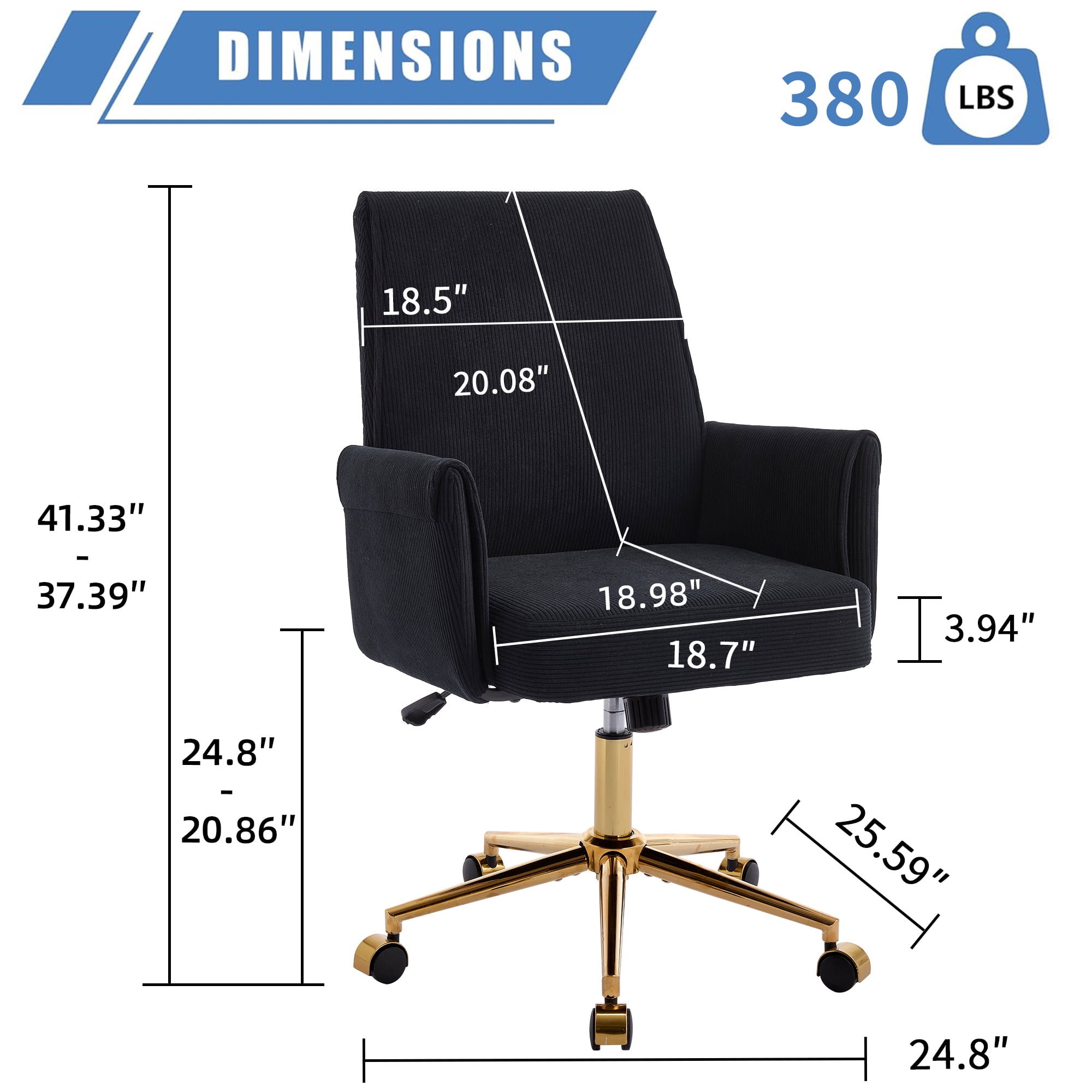 Mid Back Office Chair with Ergonomic Design, Fabric Lumbar Support, Adjustable Golden Base for Desk Work, Black