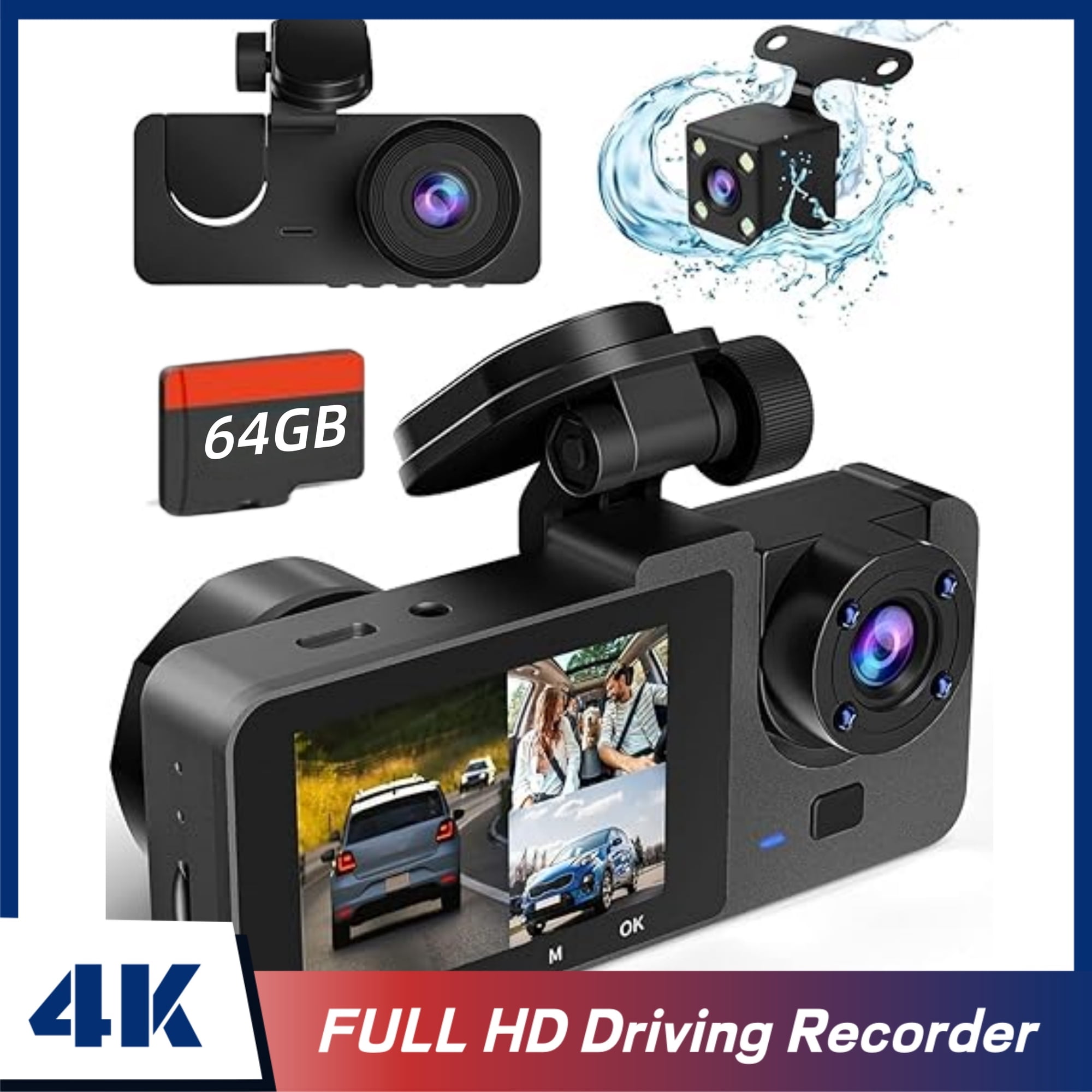 4K UHD Car Dash Camera with 64GB Card - Front Rear Super Night Vision, 2.0'' IPS Screen 170°Wide Angle WDR Loop Recording 24H Parking