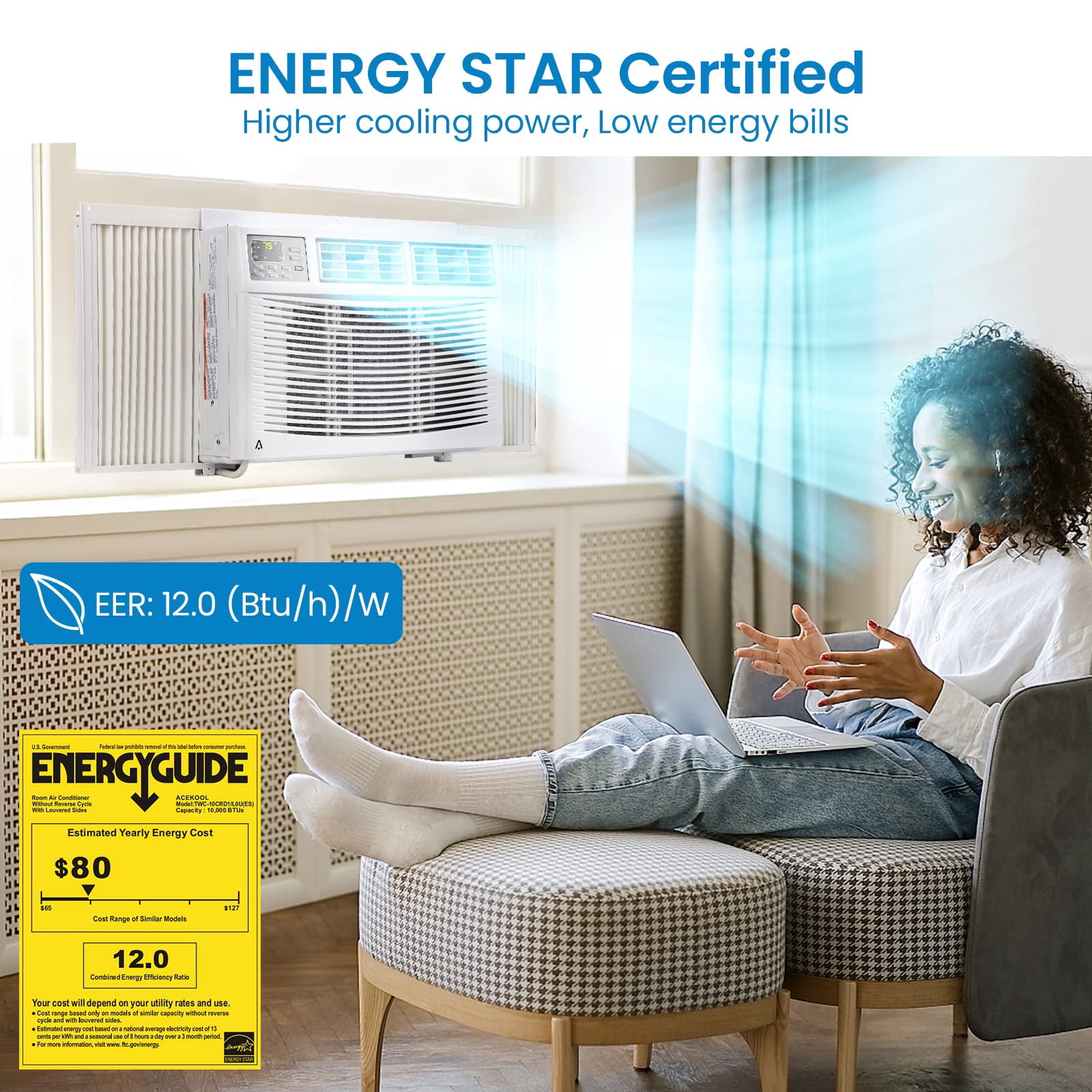 Window Air Conditioner – 12000 BTU Cooling/Dehumidifier/Fan – Ultra Quiet, Energy Efficient for Apartment, Bedroom, Living Room