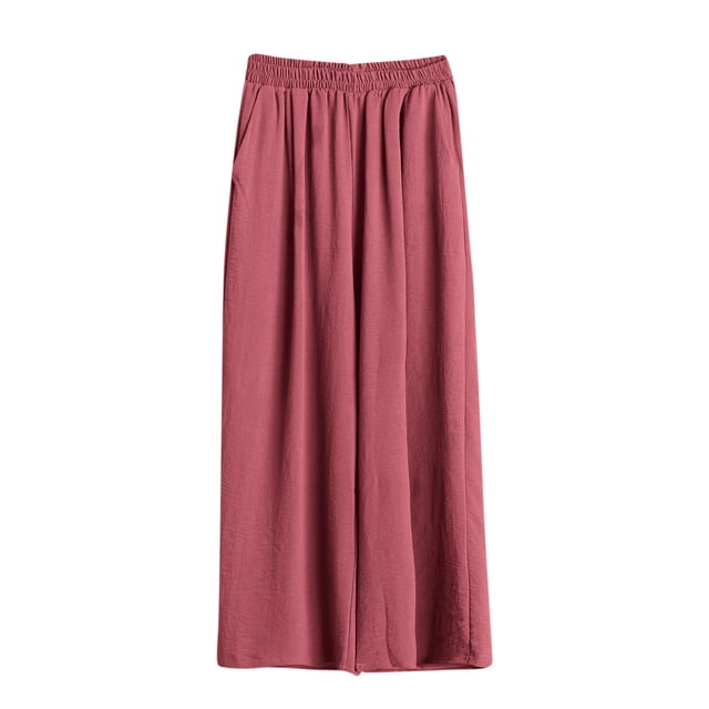High Waist Elastic Waist Trousers for Women, Plus Size Loose Fit Solid Color Casual Pants with Pockets, Breathable Polyester, Spring Summer Winter Wear