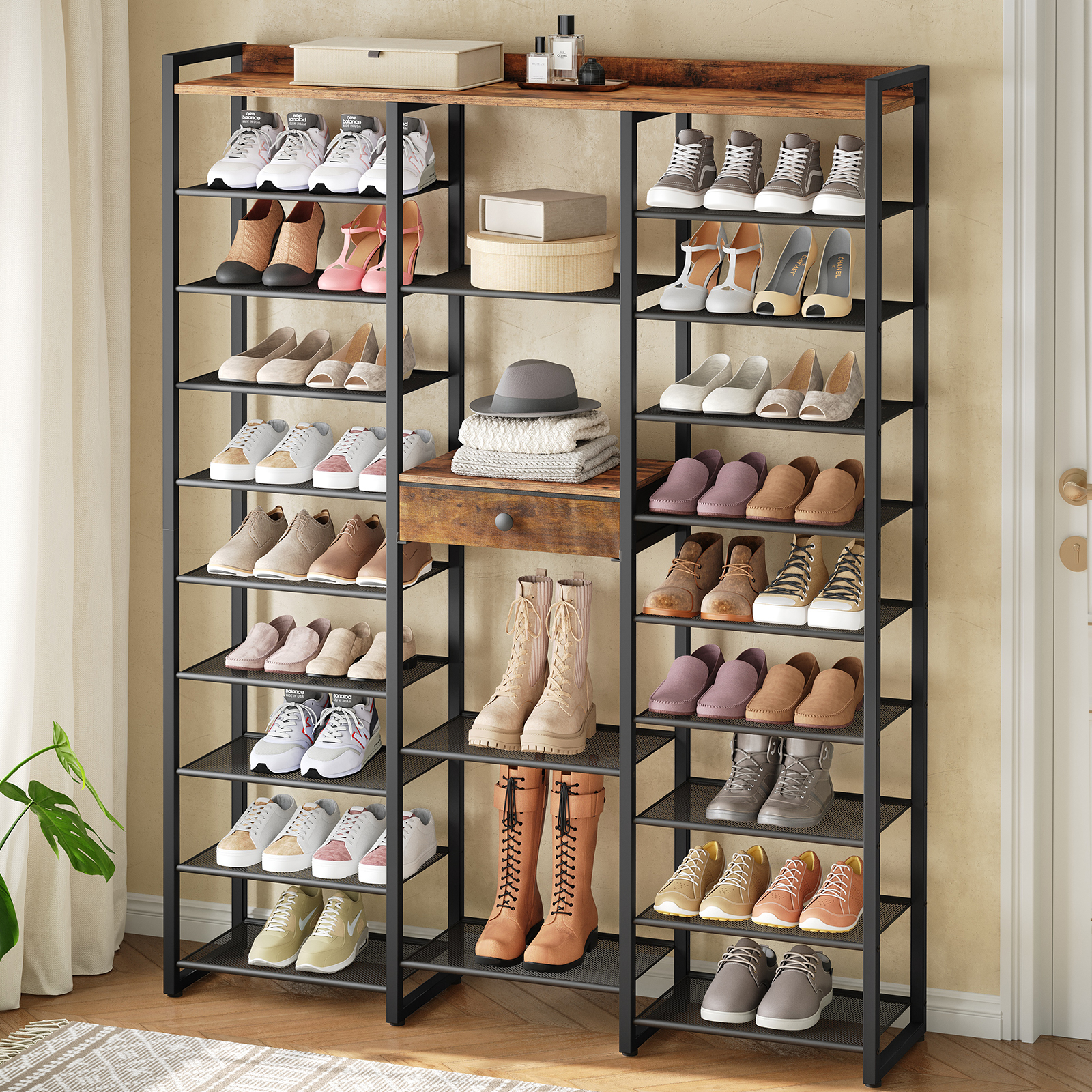 HOOBRO 10-Tier Shoe Rack Tall, Shoe Storage Organizer, 63-Inch Tall Storage Rack with Fabric Drawer, Sturdy Metal Support and Adjustable Feet, for Living Room, Rustic Brown and Black BF120XJ01