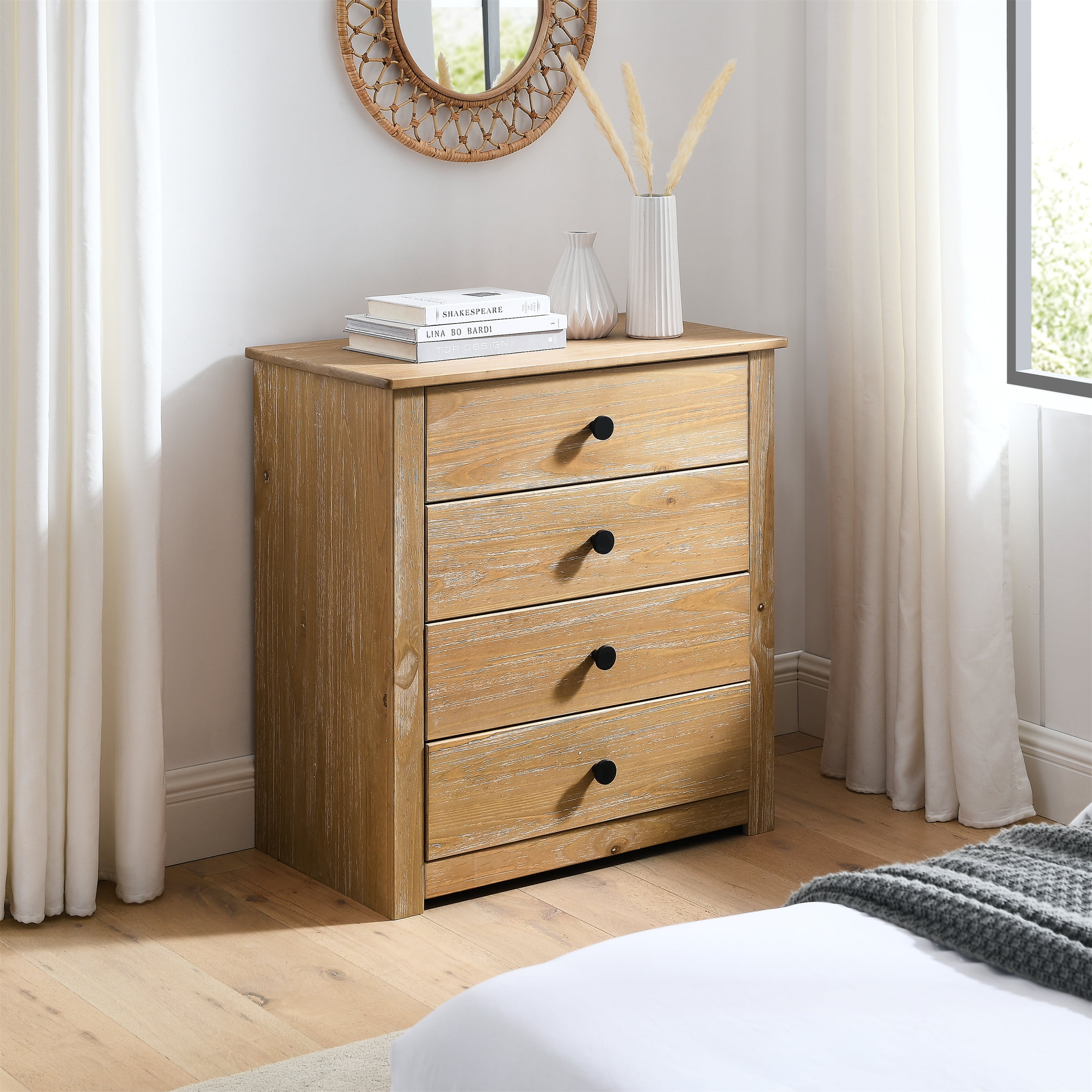 MUSEHOMEINC Rustic Wooden 4 Drawer Dresser with Matte Black Round Knobs