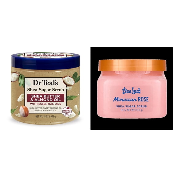 Dr Teal's Shea Sugar Body Scrub with Shea Butter, Almond & Essential Oils & Tree Hut Shea Sugar Scrub Moroccan Rose Bundle