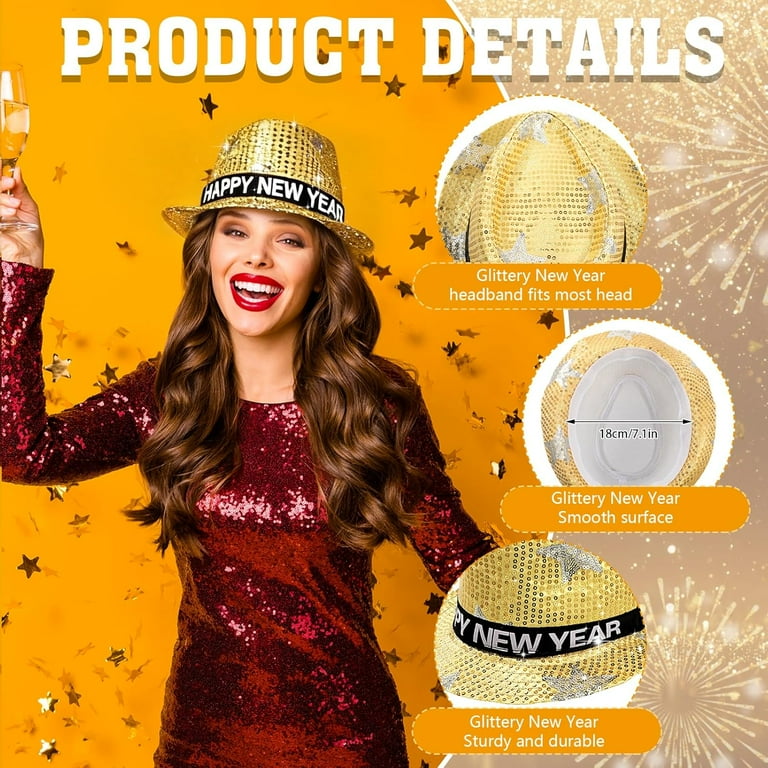 New Year's Eve Party Supplies - 3 Pack Fedora Hats With Shiny Sequins In Gold, Silver & Black For Men & Women