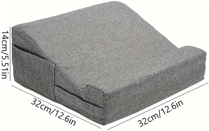 Ergonomic Laptop Lap Desk with Pillow & Storage Pocket - Grey Fabric Wedge Cushion for Notebook, Tablet, Bed, Couch (12.6 x 12.6 x 5.5 Inch), Portable Laptop Stand with Airflow