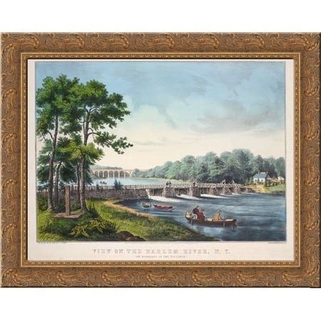 View on the Harlem River 24x20 Gold Ornate Wood Framed Canvas Art by Currier and Ives